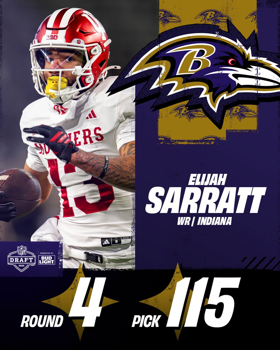 With the 115th overall pick in the 2026 <a href="/NFLDraft/">NFL Draft</a>, the <a href="/Ravens/">Baltimore Ravens</a> select WR Elijah Sarratt.

NFL Draft on NFLN/ESPN/ABC
Stream on <a href="/NFLPlus/">NFL+</a>