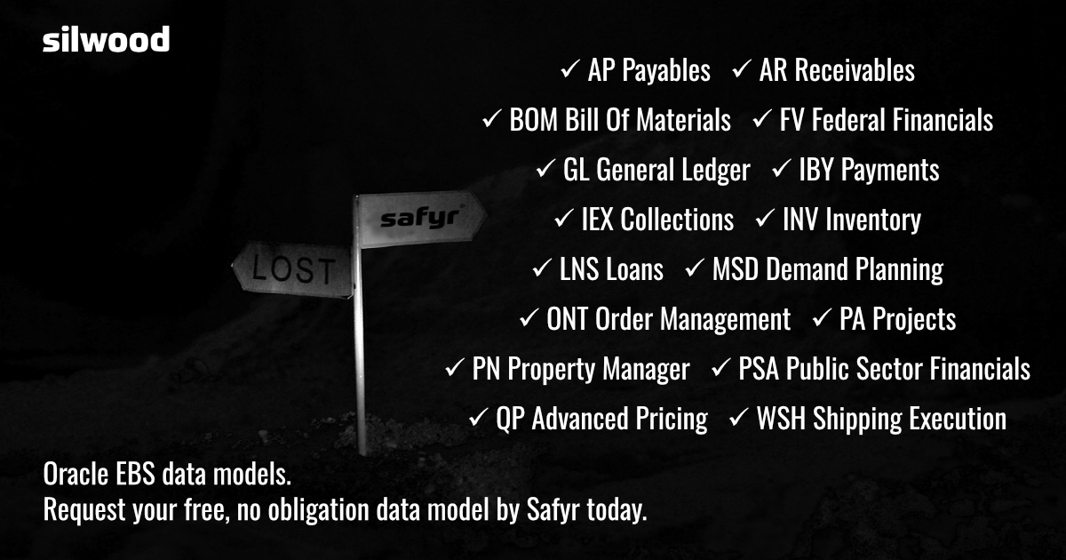 Silwood_Safyr's tweet image. Oracle EBS data models. Request your free, no obligation data model by Safyr today. ow.ly/kLhK50WJuAt #DataModel #DataModeling