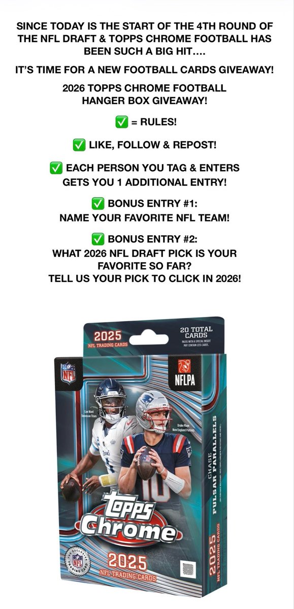 #GiveawayAlert 🚨

Day 3 Of The #NFLDraft 

2025 #Topps #Chrome #Football Hanger Box #Giveaway 🏈

✅ = RULES
✅ LIKE, FOLLOW &amp; REPOST

2 BONUS ENTRIES &amp; MORE COMING!

WINNER TBA - 4/27 11PM PST!

Share/Post Your #Football Hits!

#Giveaways #FootballCards #SportsCards #thehobby
