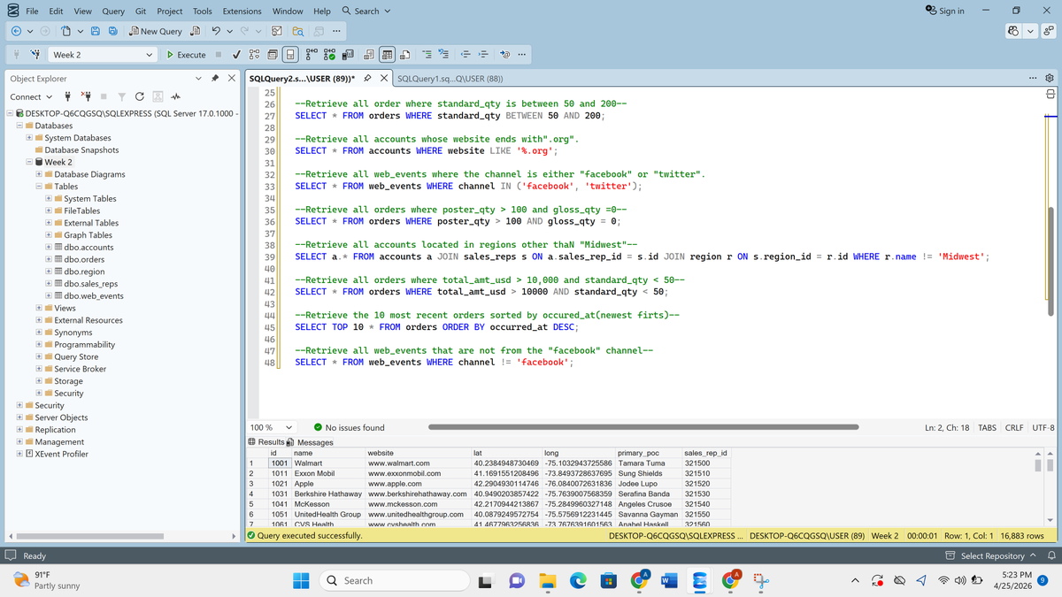 olasubomi287's tweet photo. Week 2 of SQL at TDI successfully done! 🚀
Learned how to query &amp; filter data using SELECT, WHERE, ORDER BY, and more. Worked with real datasets to answer business questions.
#TDI #SQL #DataAnalytics
@TDataImmersed 
@DabereNnamani 
@JudeRaji_ 
@SQLServer https://t.co/FMor7dozmW