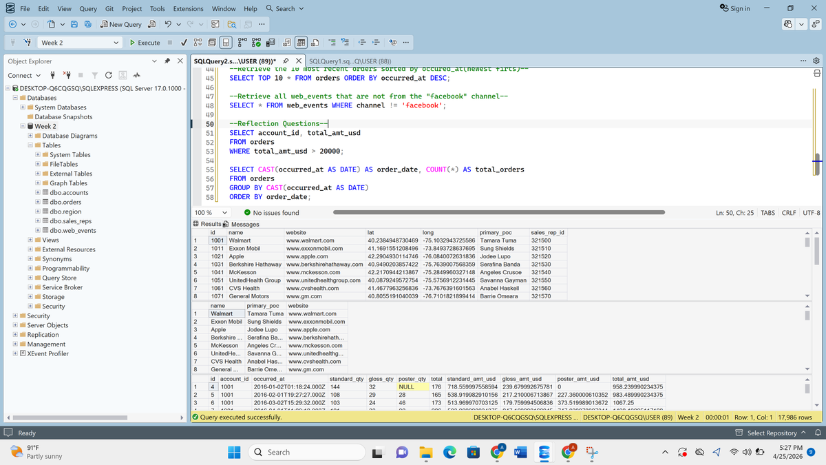 olasubomi287's tweet photo. Week 2 of SQL at TDI successfully done! 🚀
Learned how to query &amp; filter data using SELECT, WHERE, ORDER BY, and more. Worked with real datasets to answer business questions.
#TDI #SQL #DataAnalytics
@TDataImmersed 
@DabereNnamani 
@JudeRaji_ 
@SQLServer https://t.co/FMor7dozmW