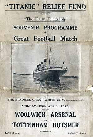 MeriaRmsTitanic's tweet image. On 29th April 1912, a derby match was played between Woolwich Arsenal &amp;amp; Tottenham Hostspur to raise money for the "Titanic Relief Fund". About 5,000 people were present at the White City Stadium.
#Titanic #Titanic114 #Titanic2026
#RMSTitanic #TitanicAnniversary #TitanicTimeline