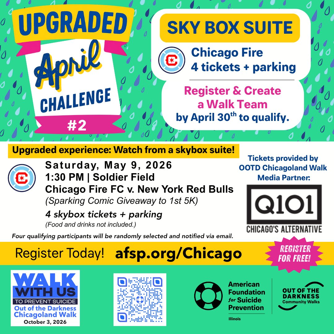 AFSPChicago's tweet photo. Register and create your Walk team by April 30 for a chance to win four tickets in a skybox suite to the Chicago Fire game on Saturday, May 9.

Thank you to Q101 Chicago for donating the tickets and serving as a media partner for the Walk!

Sign up now: https://t.co/GJXk2rYTsv ⚽ https://t.co/5Nmwn7WNSY