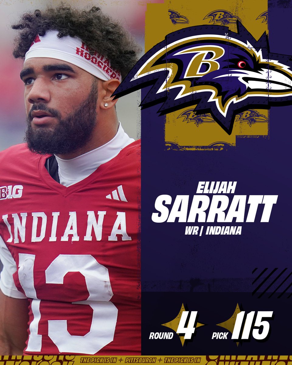 NFLFrance's tweet image. 🏈 Avec le 115e choix de la #NFLDraft, les @Ravens sélectionnent @elijah_sarratt (WR, Indiana) #RavensFlock

Baltimore récupère encore une nouvelle arme pour Lamar Jackson !

💻 @DAZN_FR @NFLonDAZN
