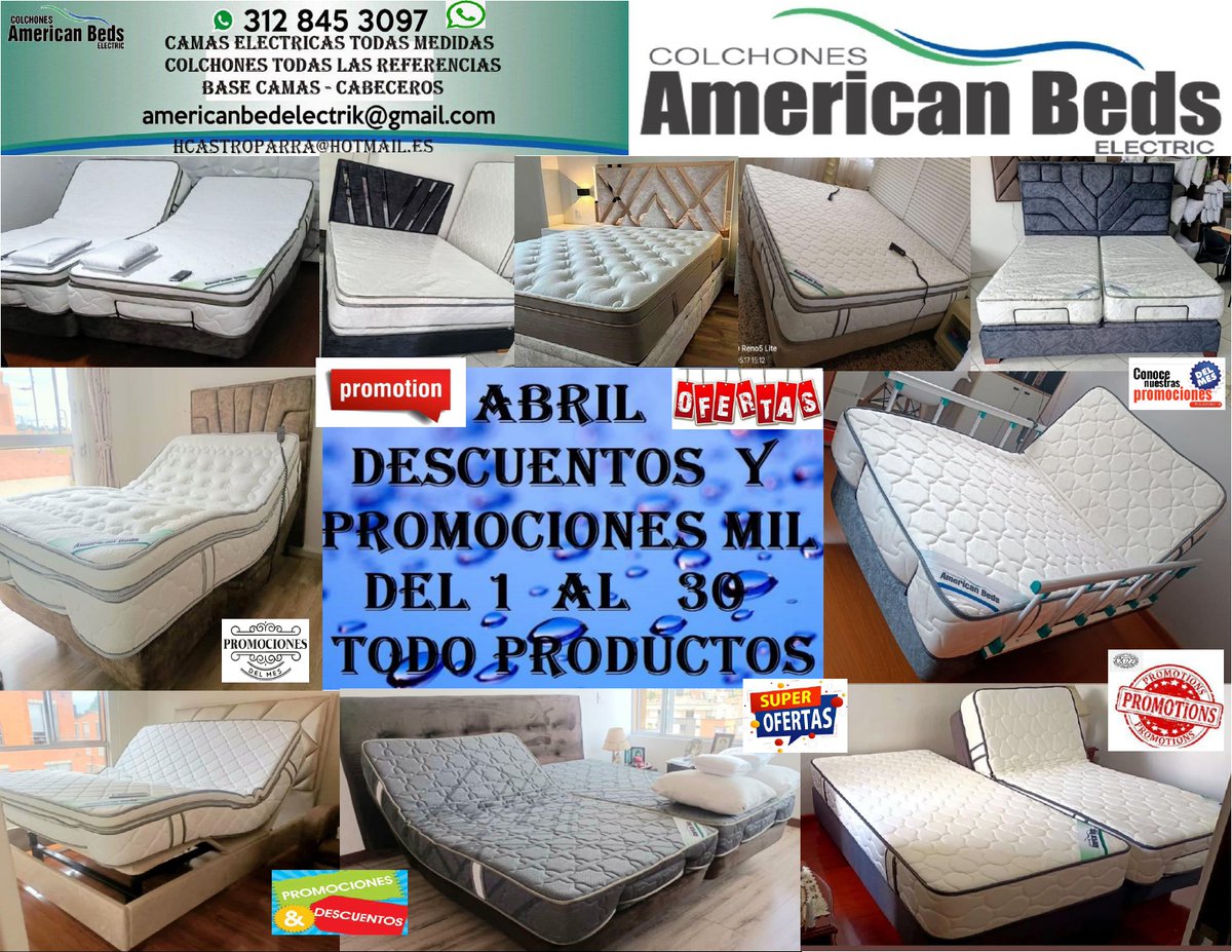 AMERICANELEK's tweet photo. ULTIMOS 5 DIAS  DE ABRIL CON DESCUENTOS Y PROMOCIONES 
 CAMAS INTELIGENTES EN TODAS LAS MEDIDAS - COLCHONES - BASE CAMAS - CABECEROS PEDIDOS Y VENTAS 312 845 30 97 https://t.co/sXGqi0Gepi