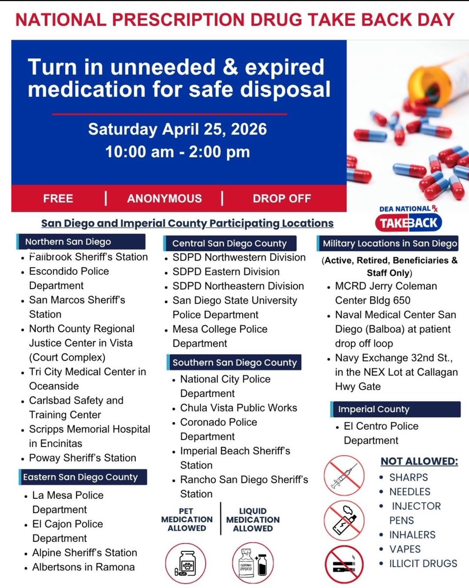 DEASANDIEGODiv's tweet photo. #TakeBackDay is here! There are over 25 sites in San Diego and Imperial Counties where you can safely dispose of unneeded medications until 2 PM. Find your local collection site at https://t.co/69AIPysn1z. #SafeDisposal #AddictionPrevention #DEATakeBack @DEAHQ @TheJusticeDept https://t.co/67dfhvuLFv