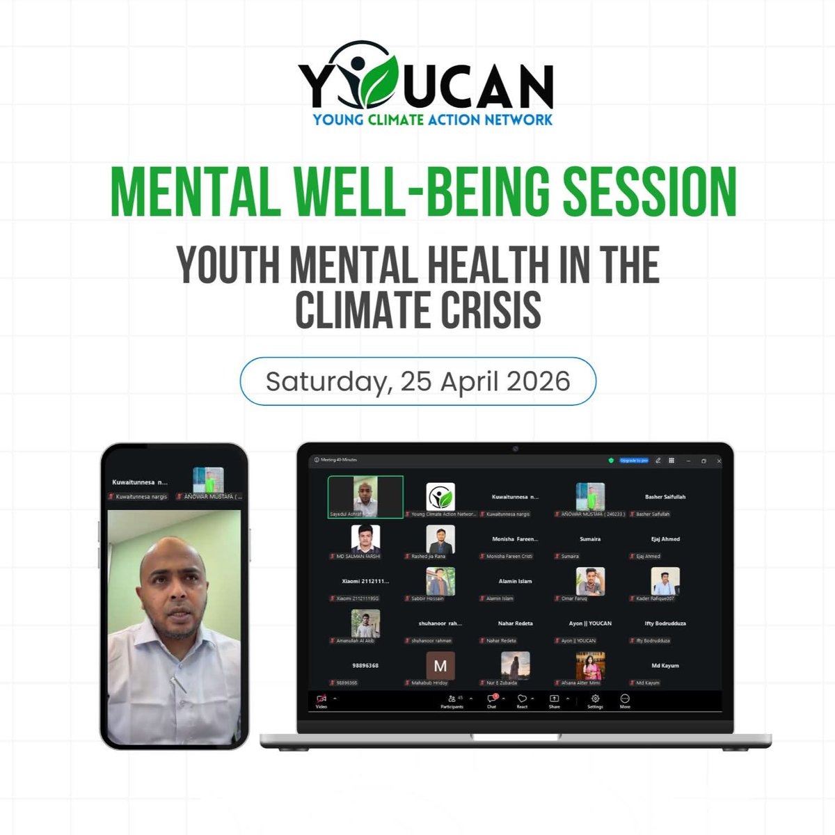 YOUCAN hosted an online session on youth mental health in the climate crisis 🌿🧠 With 80+ participants, Dr. Sayedul Ashraf Kushal shared insights on resilience, stress management &amp; purpose-driven growth. Building stronger, future-ready youth. 💚 #YOUCAN #MentalHealth