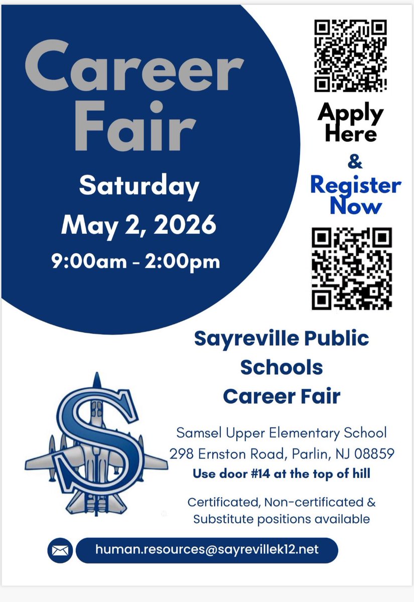 PB_Cheesequake's tweet photo. Join Sayreville Public Schools. Come meet us at the Career Fair. 🍎 https://t.co/CA2rfoKvM7