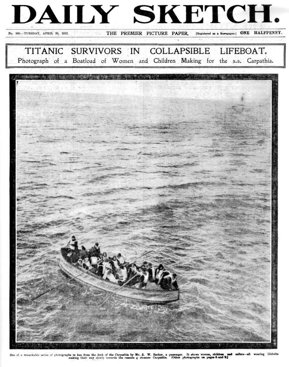 MeriaRmsTitanic's tweet image. The front page of the Daily Sketch published on 30th April 1912 showing the survivors of the #Titanic in one of the collapsibles. And another newspaper (same date), the Dundee Evening Telegraph, with one of the honeymooners on Titanic, George &amp;amp; Dorothy Harder.
#Titanic114