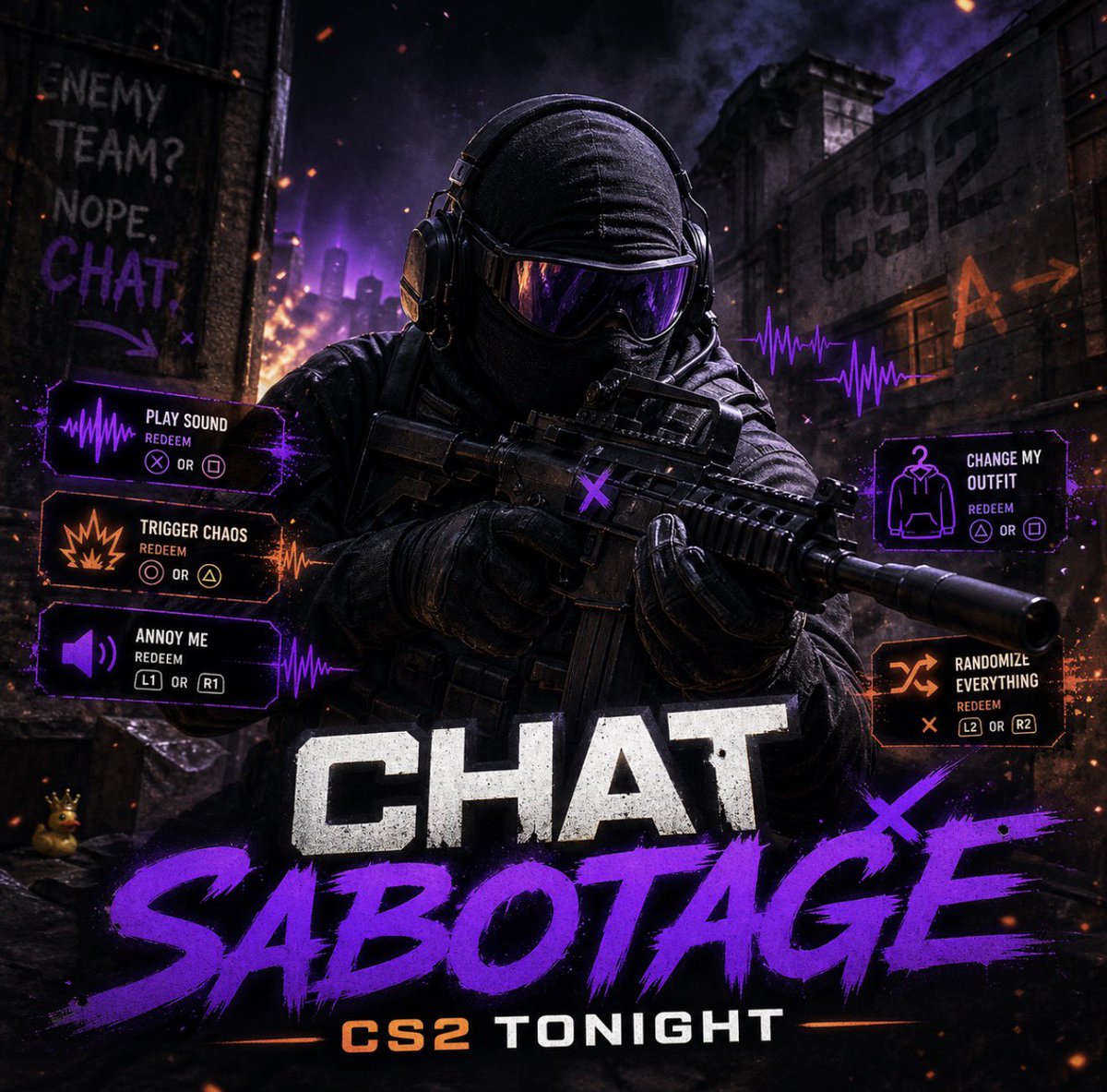 imluckysherman's tweet photo. CS2 again tonight at 7PM MDT.

Redeem sounds, actions, or even change what I’m wearing live. I’m not just queueing the game — I’m letting chat actively sabotage me while I do it.

Come make me regret playing CS2.

#CS2 #CounterStrike2 #QuittenTime #Outcasts #PCGaming https://t.co/DiePnCKl2k