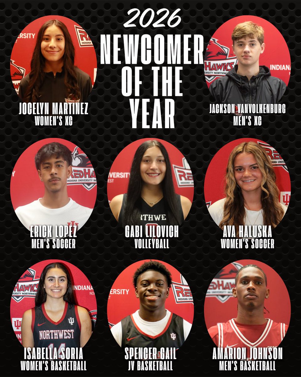 IUNRedHawks's tweet photo. Your 2026 Newcomers of the Year!
Congrats to our student-athletes who earned Newcomer of the Year honors for their teams this seasonπ
#TheRedHawkWay #TheRightWayToPlay https://t.co/XxYETz2Dv7