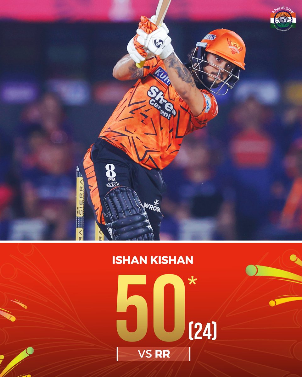 thebharatarmy's tweet image. Abhishek Sharma 🤝 Ishan Kishan

Brilliant FIFTIES from both the left-handers as they take the bowling attack to the cleaners. 🚀

📷-BCCI

#teamindia #rrvssrh #bharatarmy #coti🇮🇳 #ipl2026