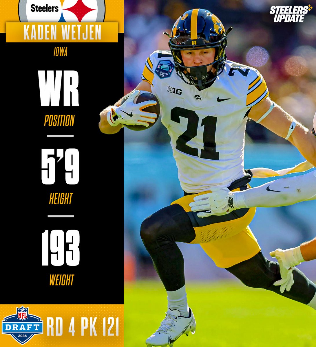 SteelersUpdate1's tweet image. With the 121st overall pick in the 2026 #NFL Draft, the Pittsburgh #Steelers select Kaden Wetjen, WR, Iowa.

Thoughts on the pick? 🤔