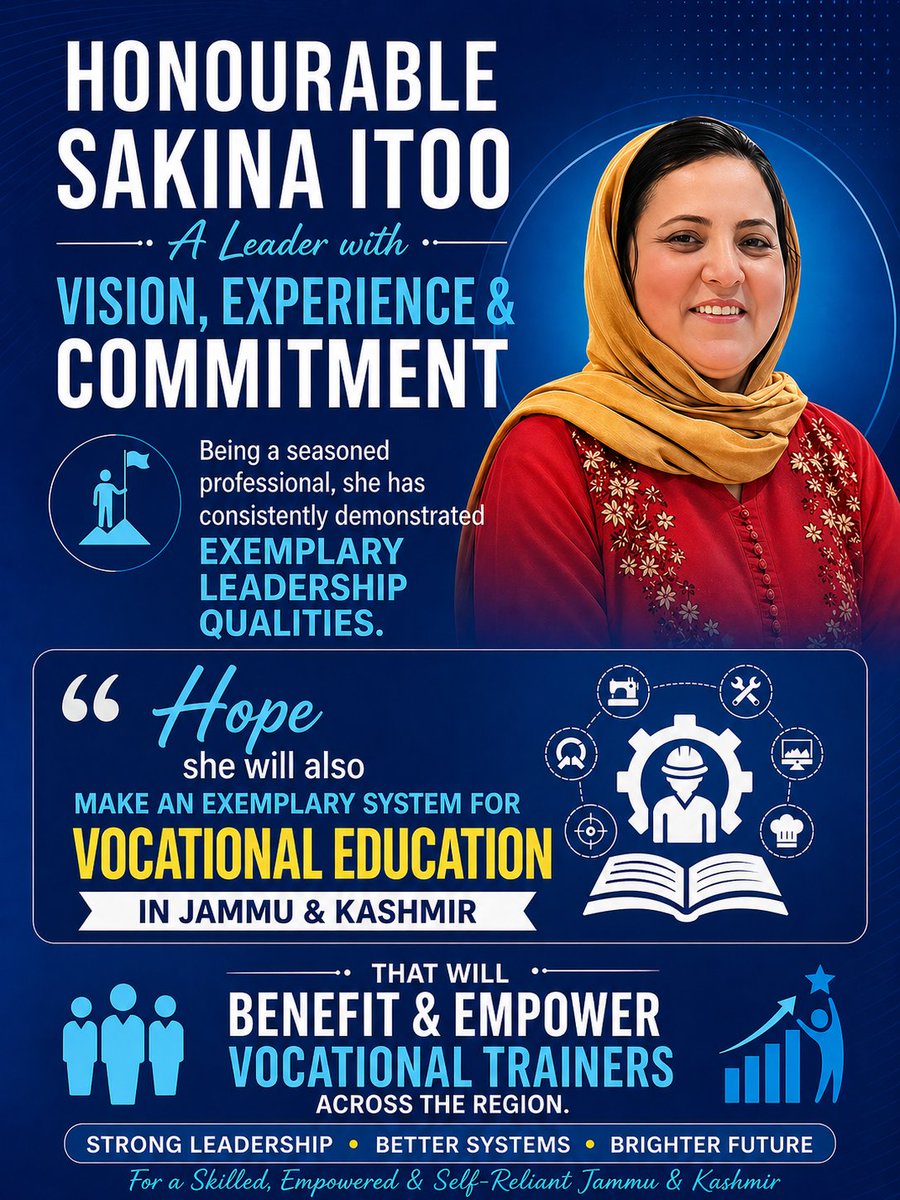 Suhail726730146's tweet image. Honourable Sakeena Itoo’s leadership can transform vocational education in Jammu &amp;amp; Kashmir—empowering trainers and shaping a skilled, self-reliant future.
#VocationalEducation #SkillDevelopment #JammuAndKashmir”**
@CM_JnK 
@DrVeeri 
@OmarAbdullah 
#JKYouth
@sakinaitoo 
#JKNC
