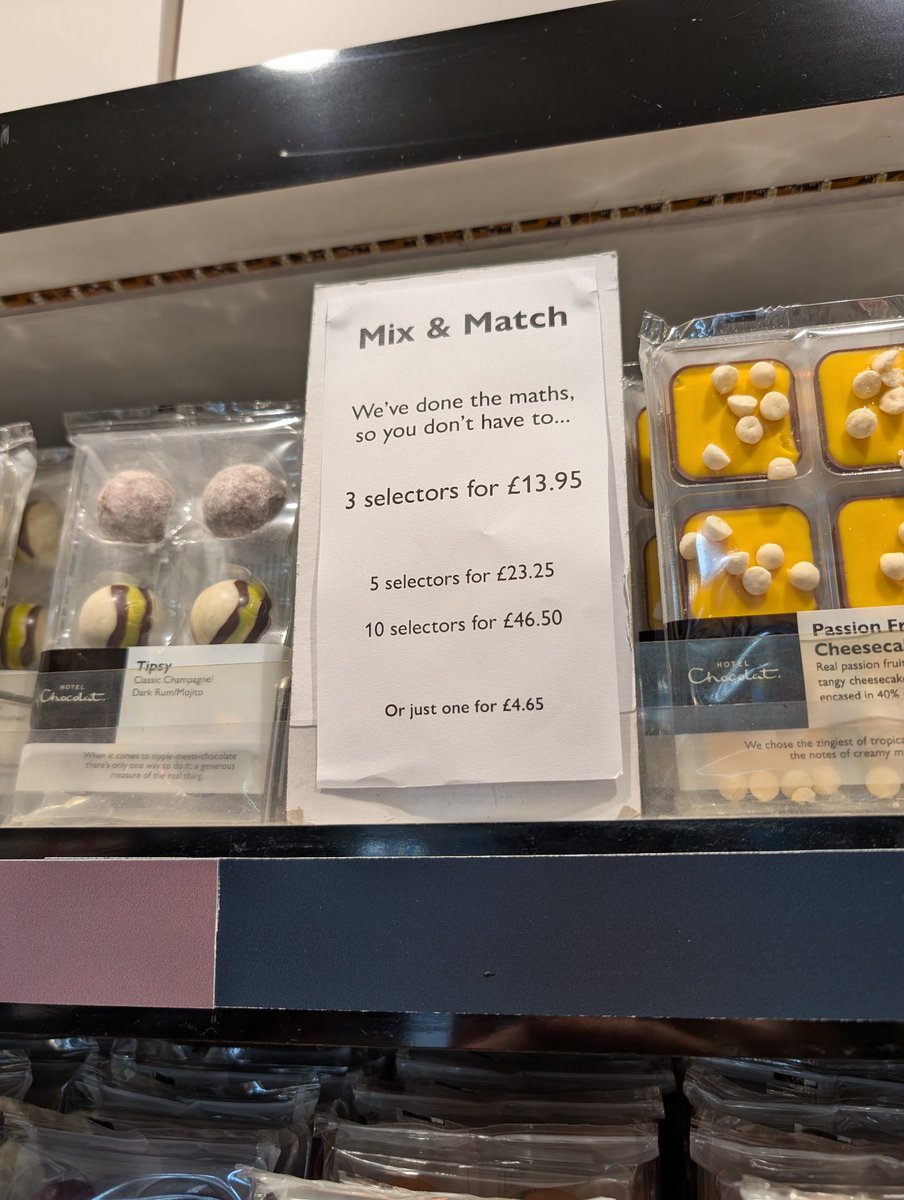 collymac's tweet photo. .@HotelChocolat Are you 'doing the maths' in the hope that people won't notice there is zero discount for buying multiple packs? What is 'mix &amp; match' about this? Even your store assistant agreed the signs are misleading. https://t.co/jXojN8B0VD