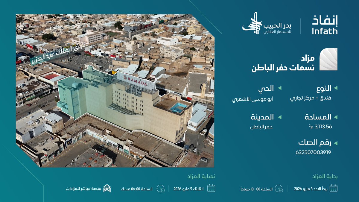 Bader_Auctions's tweet photo. للبيع بالمزاد العلني الإلكتروني
( فندق+مركز تجاري ) بمحافظة حفر الباطن بحي أبو موسى الأشعري بمساحة 3113.56 متر مربع 
تحت إشراف مركز الإسناد والتصفية "إنفاذ"
.
الملف التعريفي : https://t.co/6MMhAPLqgi
.
للمشاركة في المزاد : https://t.co/pEmTXtPAJQ
.
#إنفاذ | #بدر_الحبيب #حفر_الباطن | @infathAuctions