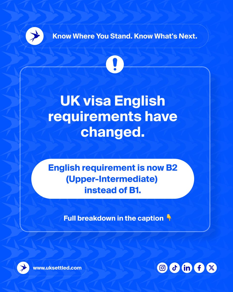uksettled's tweet image. 🚨 UK Visa English Requirement Update 🚨

The English language requirement for many UK visa routes has changed from B1 to B2 level (Upper-Intermediate).

#UKVisa #UKImmigration #VisaUpdate #EnglishRequirement #B2English #UKSettlement #IndefiniteLeaveToRemain #ILR