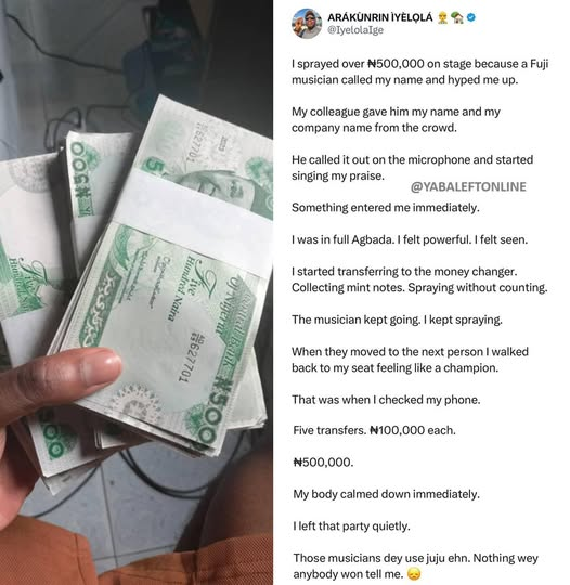 yabaleftonline's tweet photo. "These musicians dey use juju" - Man laments after spraying N500k on a musician who hyped him at an event. https://t.co/YyHPzyRt3G