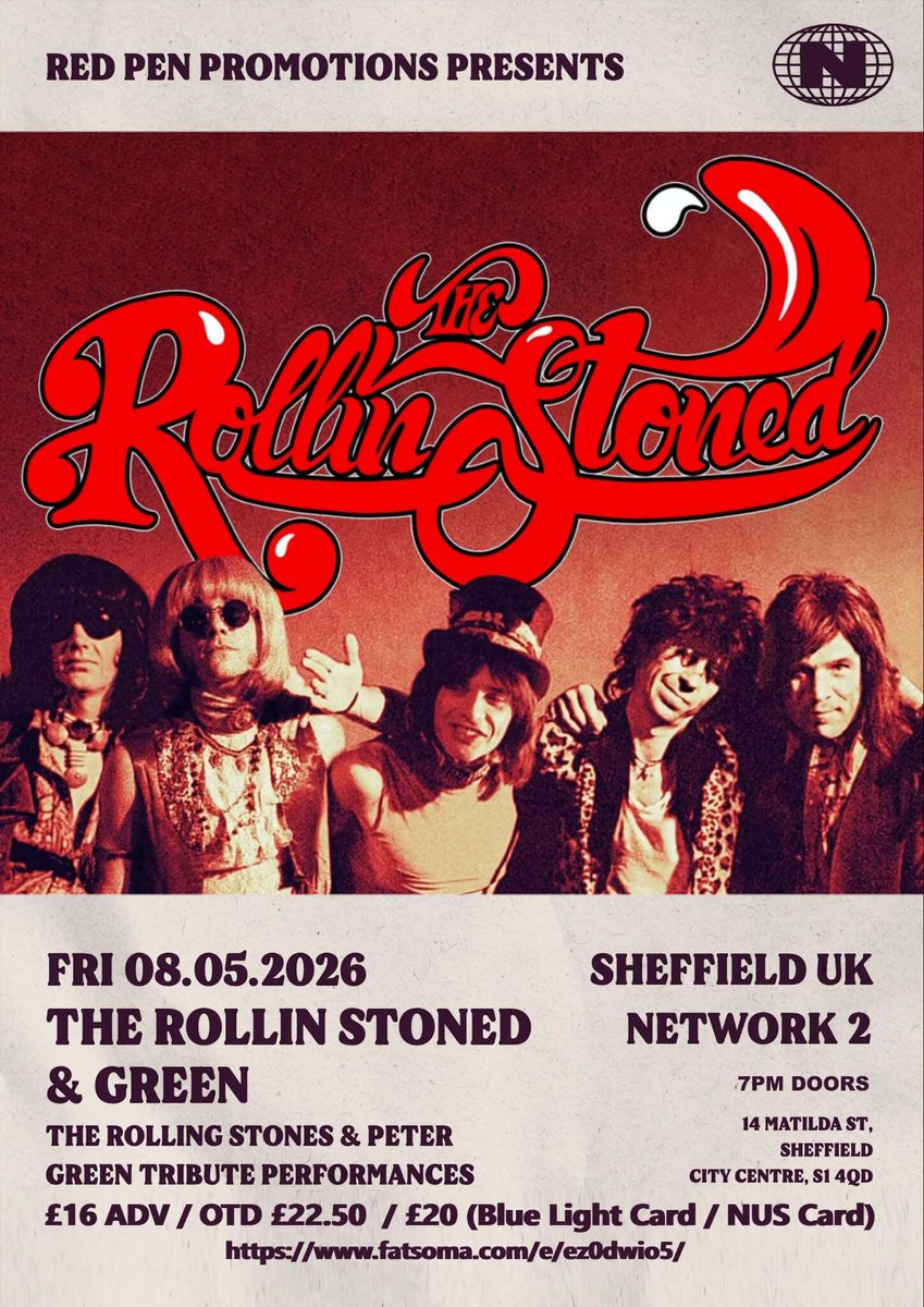 wherecanwego's tweet image. The Rollin Stoned (Rolling Stones Tribute)
14 Matilda St, Sheffield City Centre, Sheffield, South Yorkshire
Friday 8 May
wherecanwego.com/item/e1596528
 #wherecanwego #localevents #whatson #freeadvertising #ukevents #southyorkshire
