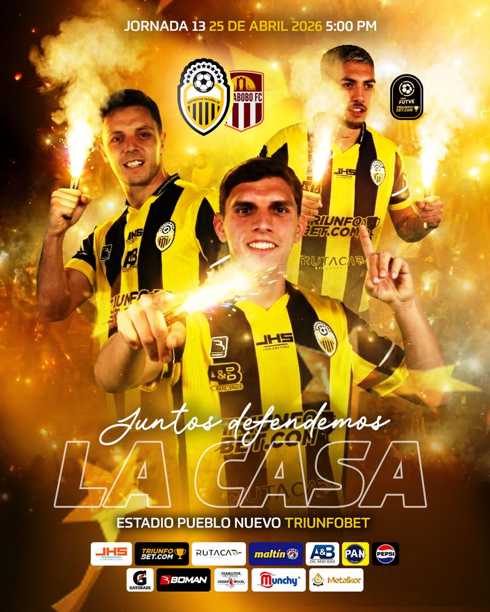 🦾 JUNTOS por la victoria en casa 🔥

🆚 Carabobo FC
🏟️ Pueblo Nuevo TriunfoBet 
📆 ¡HOY! 
⌚️ 5:00pm
📲 APP Liga FUTVE/ Canal de YouTube Liga FUTVE

#VamosTáchira 💛🖤