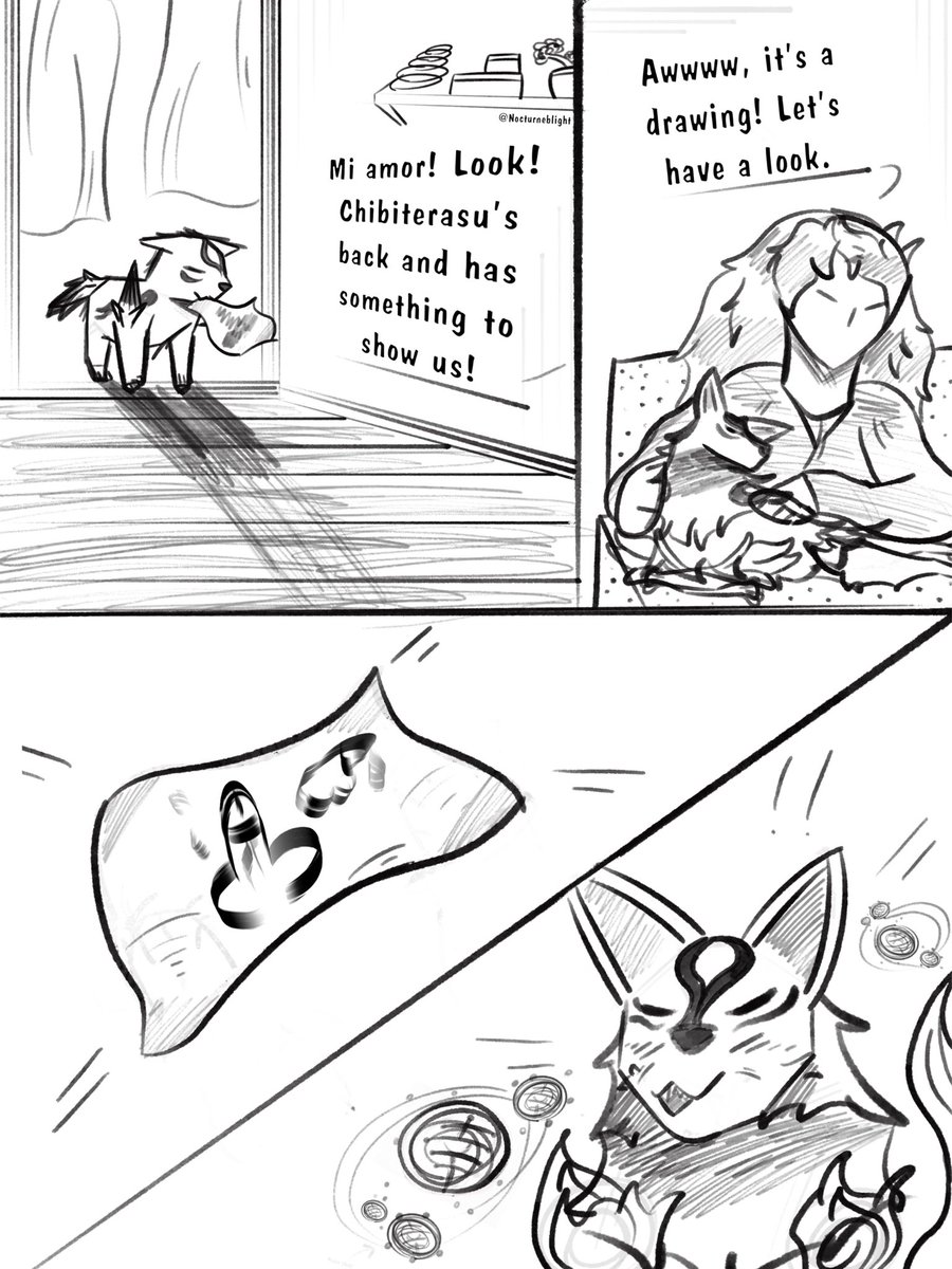 Nocturneblight's tweet image. Chip off the old furball 

Full comic yahoooo, I don’t normally do these, but if I’m inspired enough? Oh yeah. 

#okami #okamiden #fanart #ammy #waka