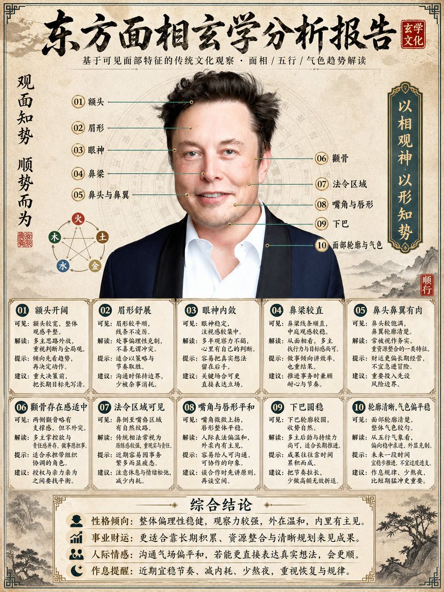 MrLarus's tweet photo. 🤣脑洞直接炸裂了！
用东方玄学看面相
ChatGPT-Image-2.0做出来的报告太细了，算命先生直呼做不来！

特朗普、马斯克、扎克伯格…结论小字里面有亮点~

Chinese Face Reading just analyzed Trump, Elon Musk and Mark Zuckerberg with ChatGPT 😂 https://t.co/eYyrMj9xGN