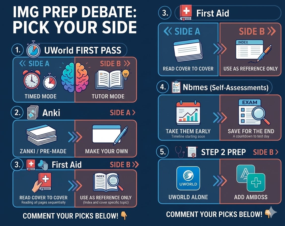 Zeeshan_Ghani24's tweet photo. IMG prep debate. Pick a side
โก UWorld: timed or tutor?
โก Anki: Zanki or custom?
โก First Aid: read or reference?
โก NBMEs: early or late?
The best resource is the one you finish.
#USMLE #IMGStrong #Match2027 https://t.co/OD92S5NBU1