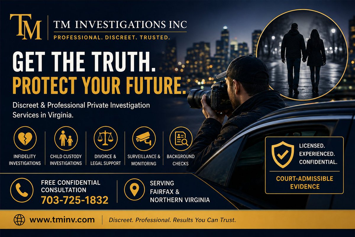 TMInvestig1401's tweet image. Need answers you can trust?

TM Investigations Inc provides discreet &amp;amp; professional private investigation services in Virginia — from infidelity to custody cases.

📞 Free consultation available
#PrivateInvestigator #Virginia #Infidelity #ChildCustody