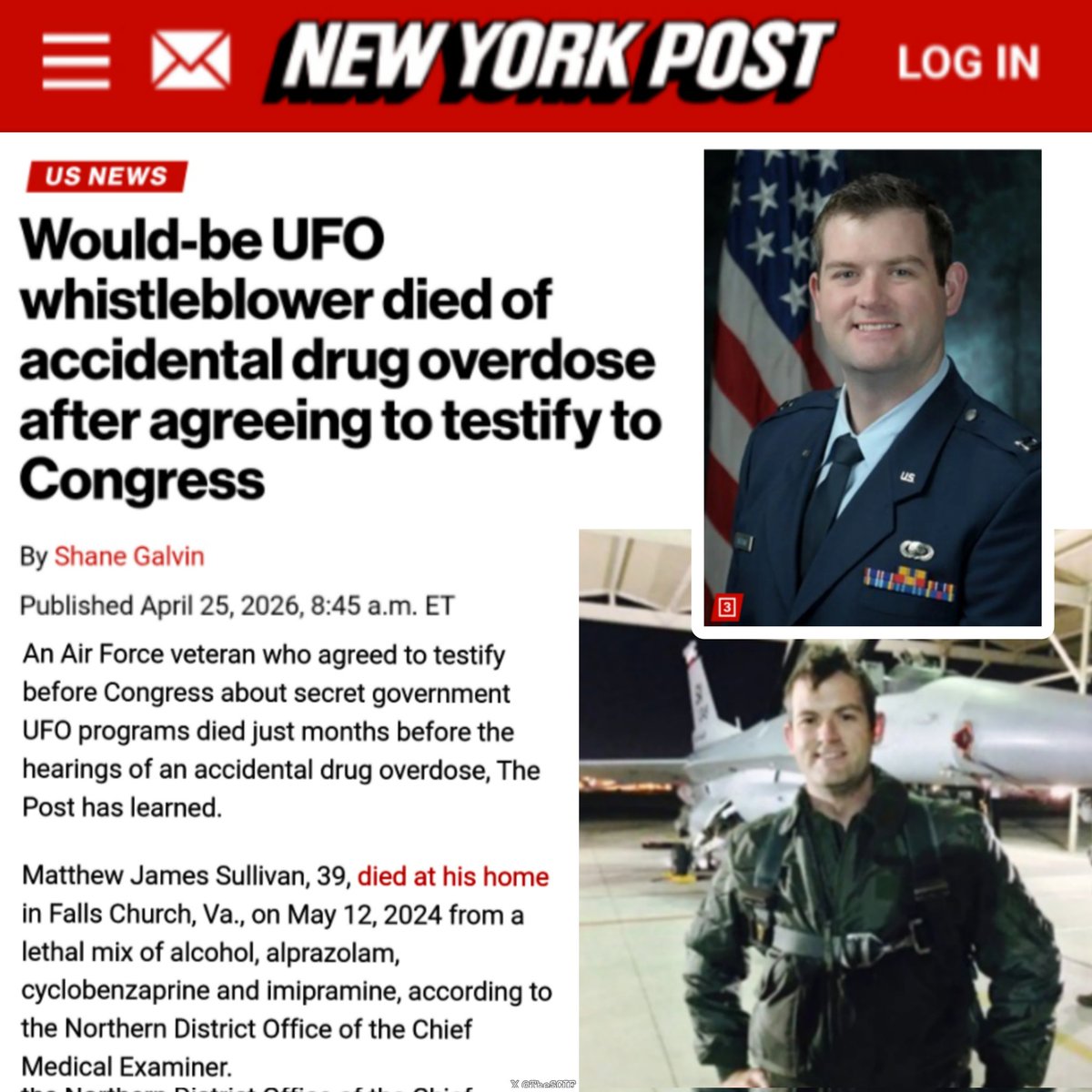 Air Force intelligence officer and would-be UFO whistleblower Matthew James Sullivan passed away from an alleged overdose.

Coincidentally, he was just about to testify about the UAP phenomenon. This is the 23rd UAP whistleblower who has mysteriously passed away.

According to