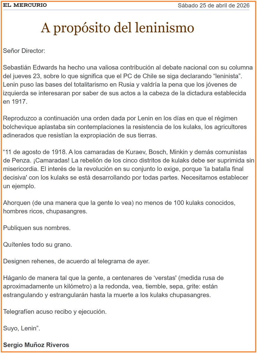 Presidente del PC Carmona reivindicó el carácter "leninista" del PC chileno.
Si Lenin fue un despiadado asesino político, ¿Qué esperan las fuerzas políticas chilenas para declarar al PC como partido violentista y antidemocrático?
¿O acaso les es útil la violencia que proclama?