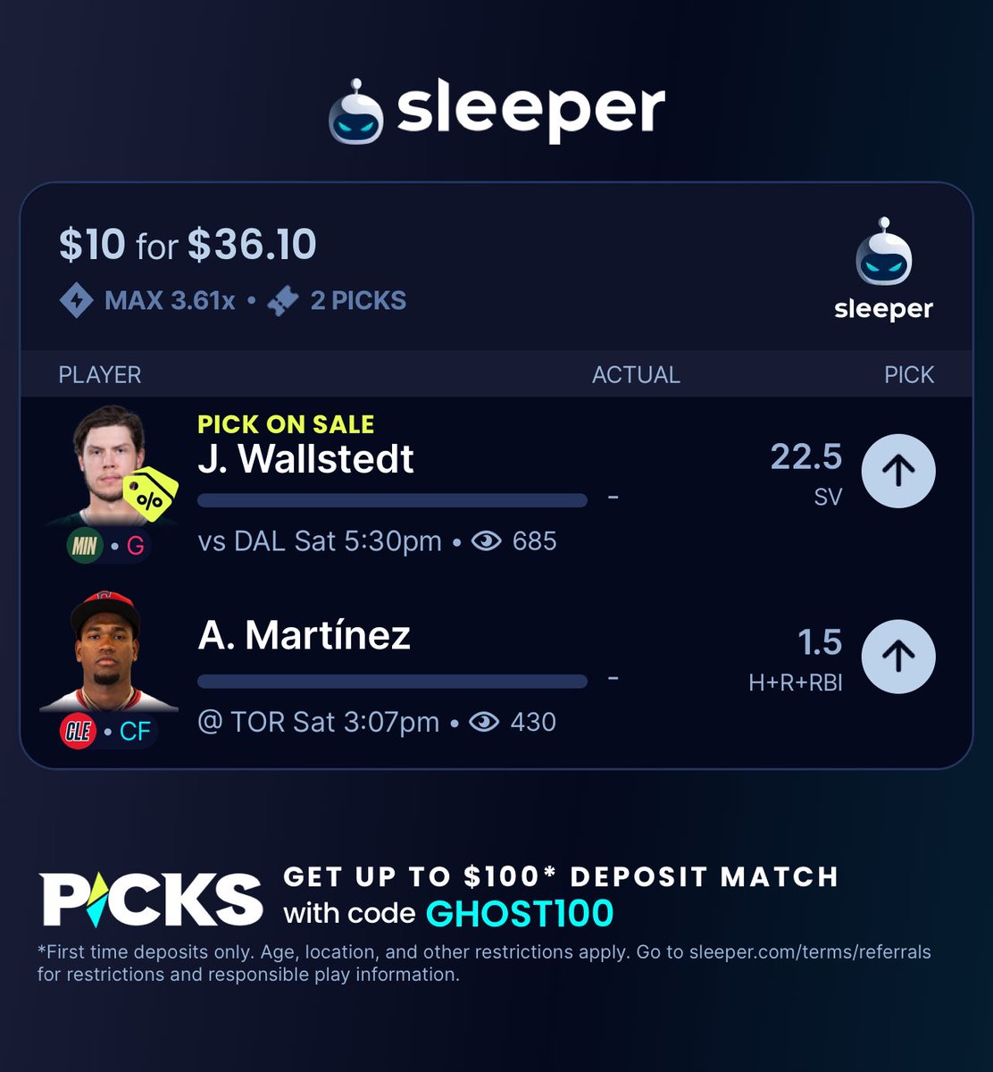 GhostEVplays's tweet image. 🏀 Sleeper NHL Wallstedt Pick Sale

⚾️ +261 (FV +257.62)
+EV: 0.94%
Playing: 0.06 Unit Promo Max

🌟 Code: GHOST100 - New User 100% Deposit Match Bonus up to $100 Sleeper.com/promo/GHOST100

#sleeper #sports #nba #mlb #nhl