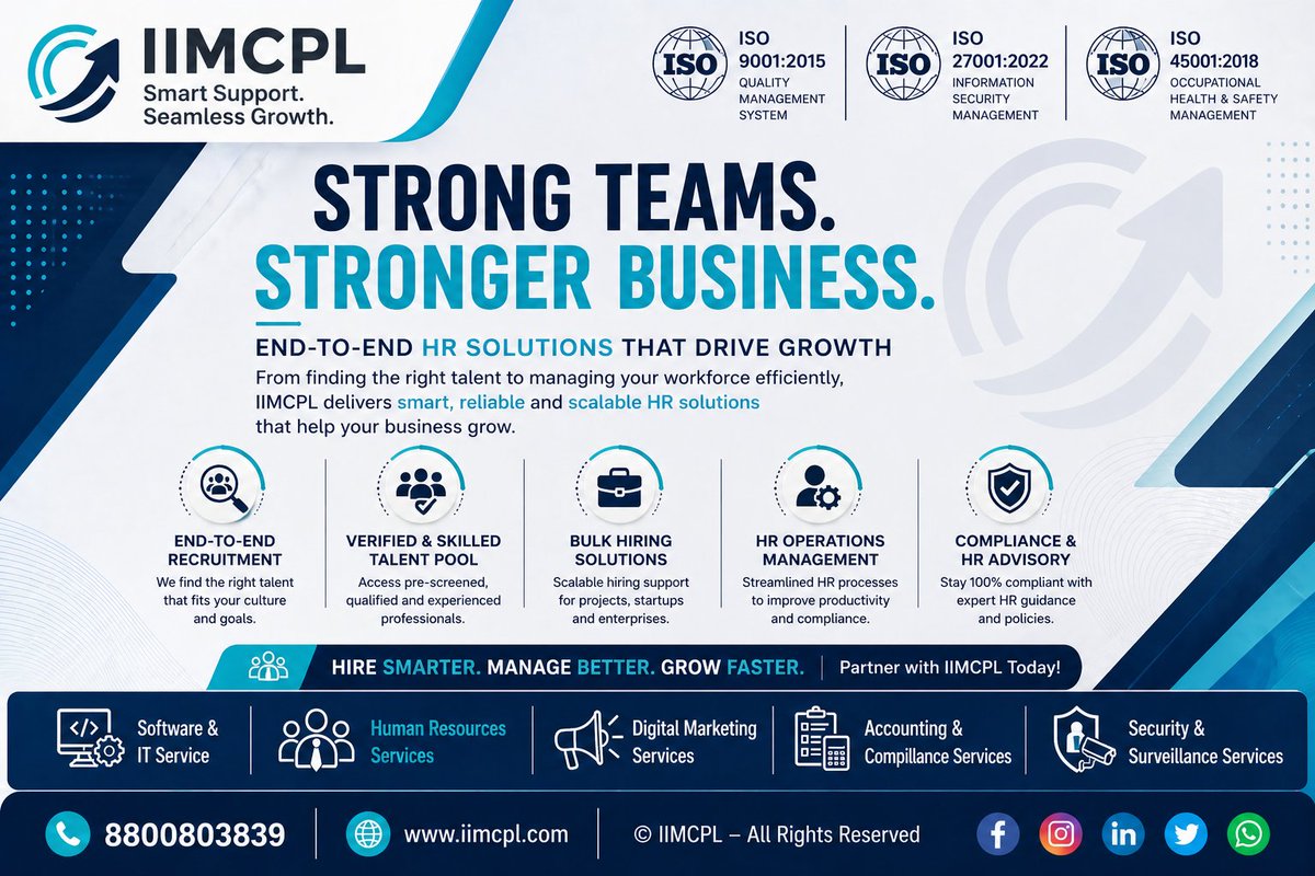 iimcpl's tweet image. Still hiring the wrong people?
One bad hire can cost you time, money, and growth.
IIMCPL helps you hire faster, smarter, and better with complete HR solutions.
👉 Right people. Right results.

#HRServices #Hiring #Recruitment #TalentAcquisition #BusinessGrowth #IIMCPL