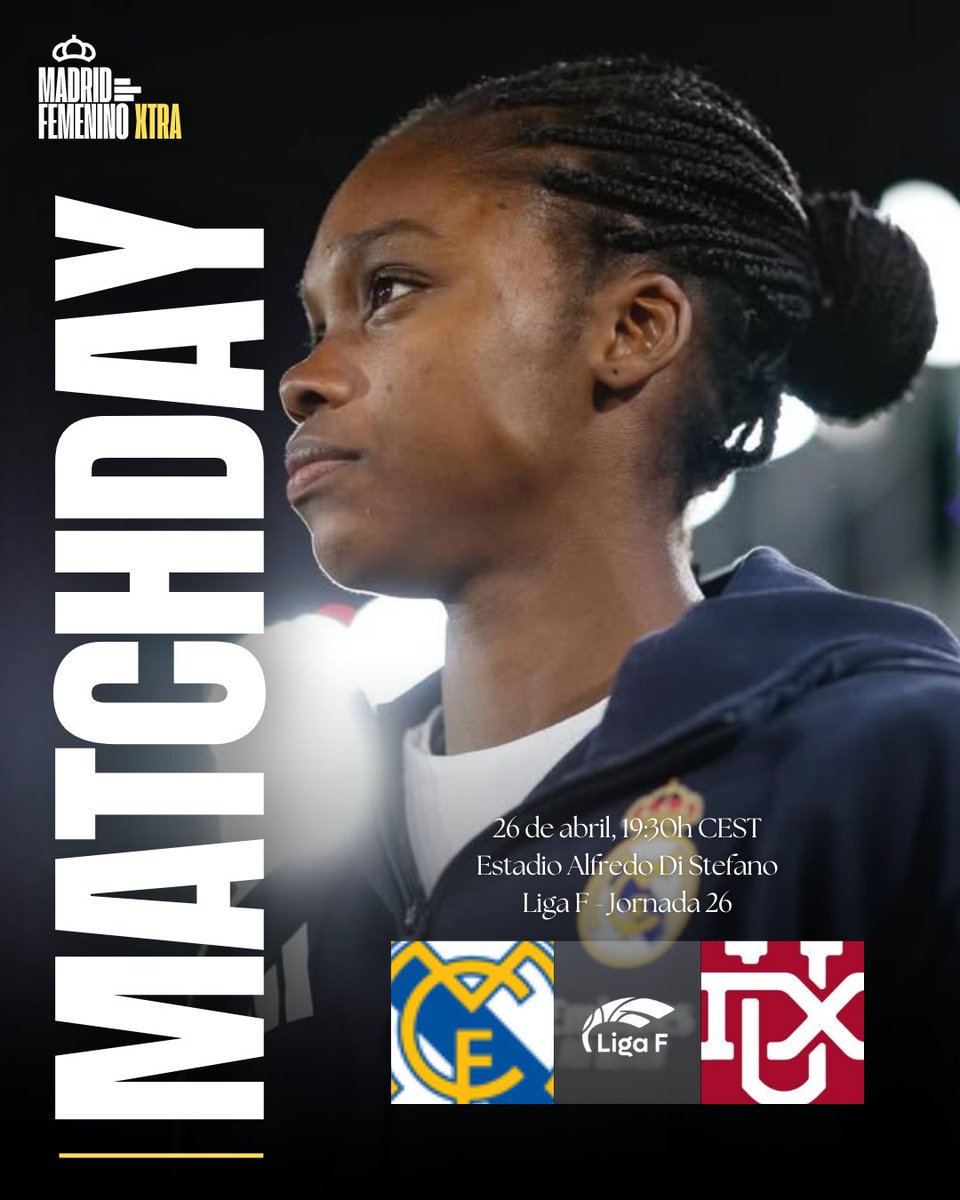 madridfemxtra's tweet image. ⚔️ DÍA DE PARTIDO ⚔️

🏆 Liga F - Jornada 26
🆚 DUX Logroño
⏰ 19:30h CEST
🏟️ Estadio Alfredo Di Stefano
📺 DAZN/Movistar +

#HalaMadrid