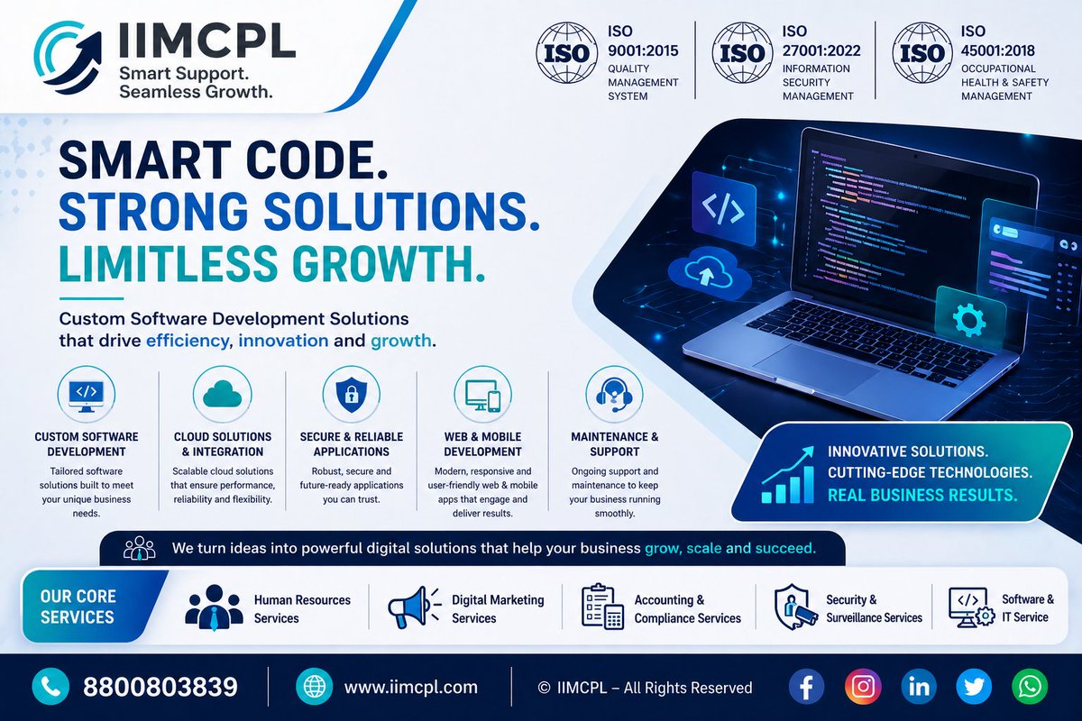 iimcpl's tweet image. Your software shouldn’t slow your business.
Outdated systems are costing you time, efficiency, and opportunities.
IIMCPL builds smart, scalable software solutions that drive real growth.
👉 Upgrade your business today.

#SoftwareDevelopment #ITServices #TechSolutions
 #IIMCPL