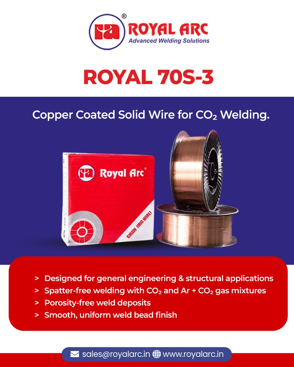 royalarcweld's tweet image. Smooth #welding starts with right wire. #ROYAL70S3 delivers spatter-free performance, porosity-free weld deposits &amp;amp; a clean, uniform bead finish. 

It performs reliably in general engineering and structural fabrication. Choose stronger welds with #RoyalArc.

#co2welding