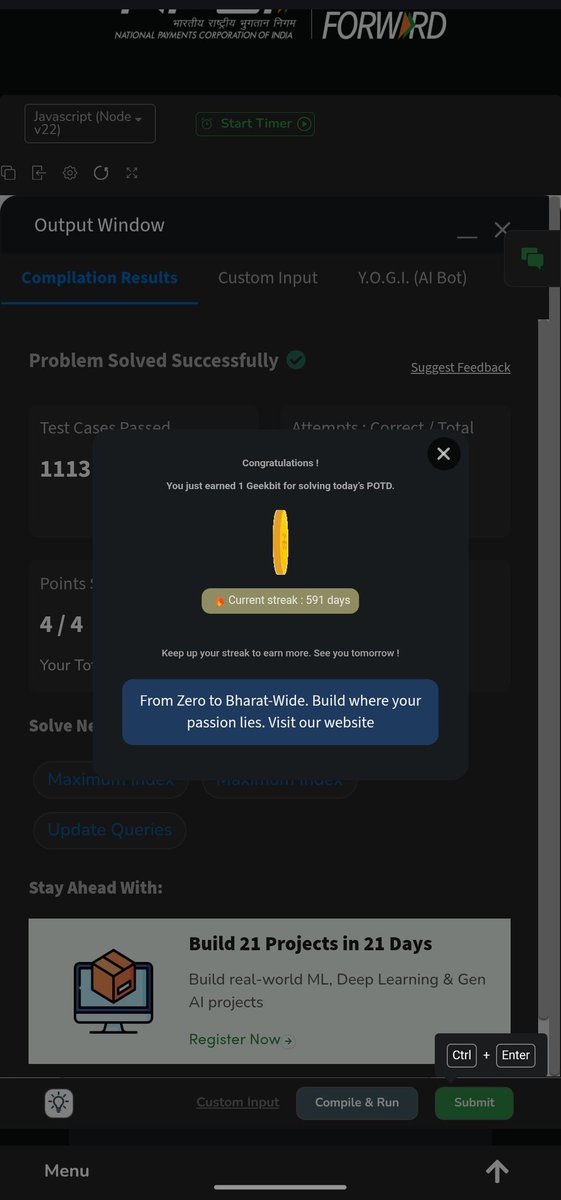 Pratikshak19332's tweet image. 🔥 Day 591 of @geeksforgeeks !
Stack + simulation problem today!

Handled pair reduction by comparing elements with opposite signs:
• Bigger magnitude survives
• Smaller gets removed
• Equal → both vanish

#DSA #GeeksforGeeks #CodingJourney