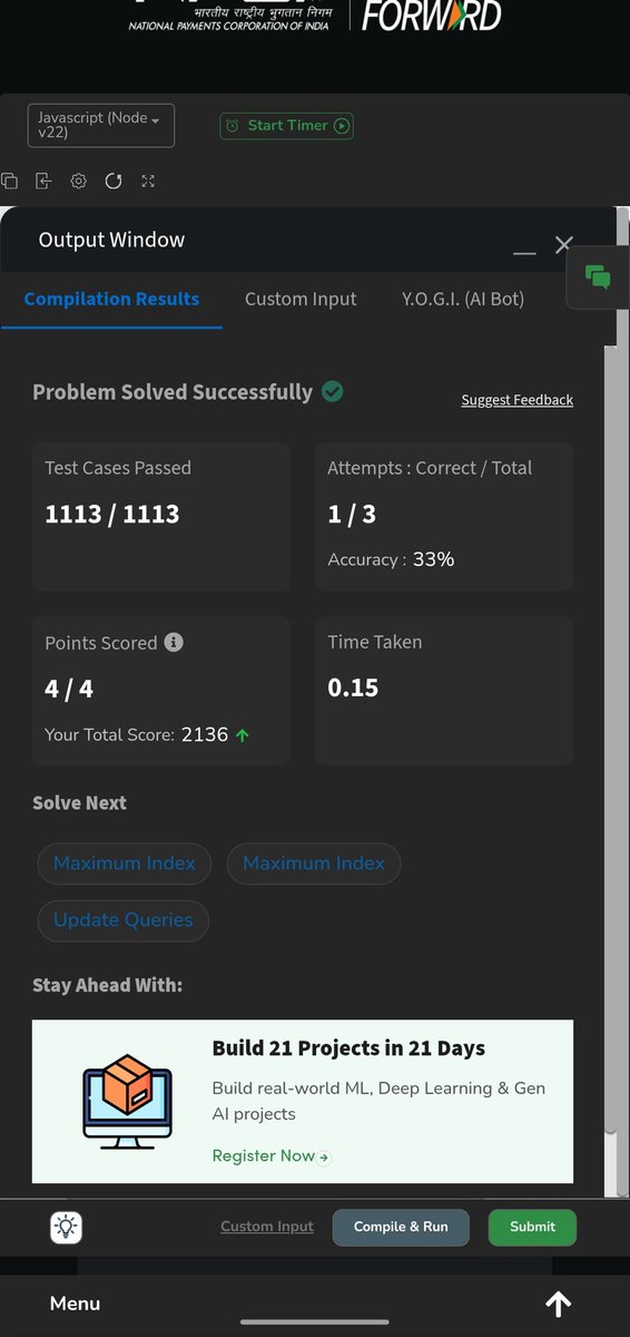 Pratikshak19332's tweet image. 🔥 Day 591 of @geeksforgeeks !
Stack + simulation problem today!

Handled pair reduction by comparing elements with opposite signs:
• Bigger magnitude survives
• Smaller gets removed
• Equal → both vanish

#DSA #GeeksforGeeks #CodingJourney