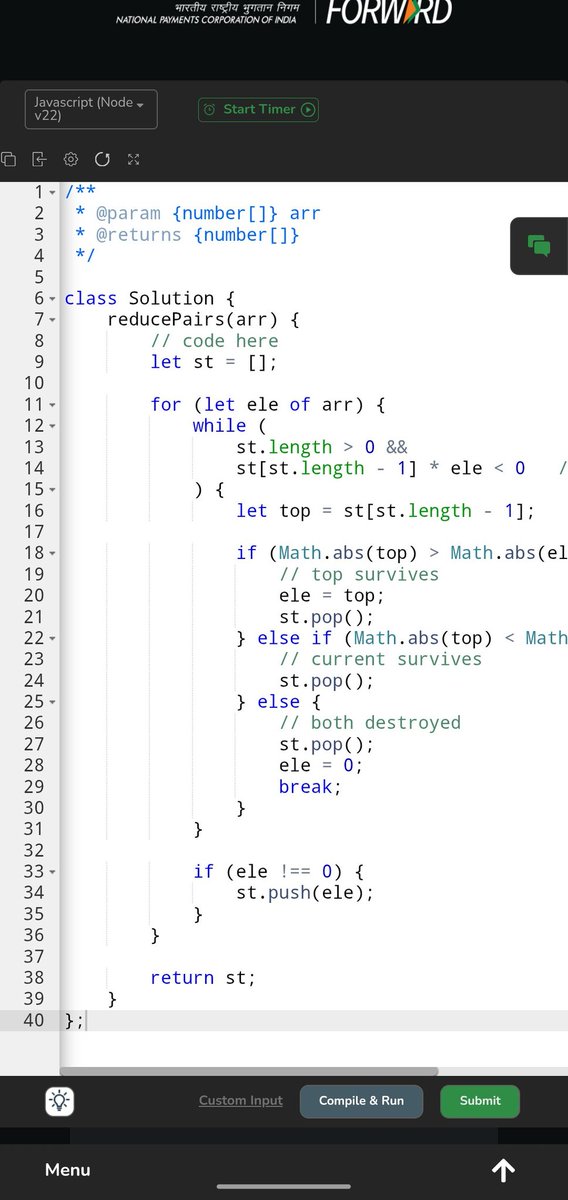 Pratikshak19332's tweet image. 🔥 Day 591 of @geeksforgeeks !
Stack + simulation problem today!

Handled pair reduction by comparing elements with opposite signs:
• Bigger magnitude survives
• Smaller gets removed
• Equal → both vanish

#DSA #GeeksforGeeks #CodingJourney