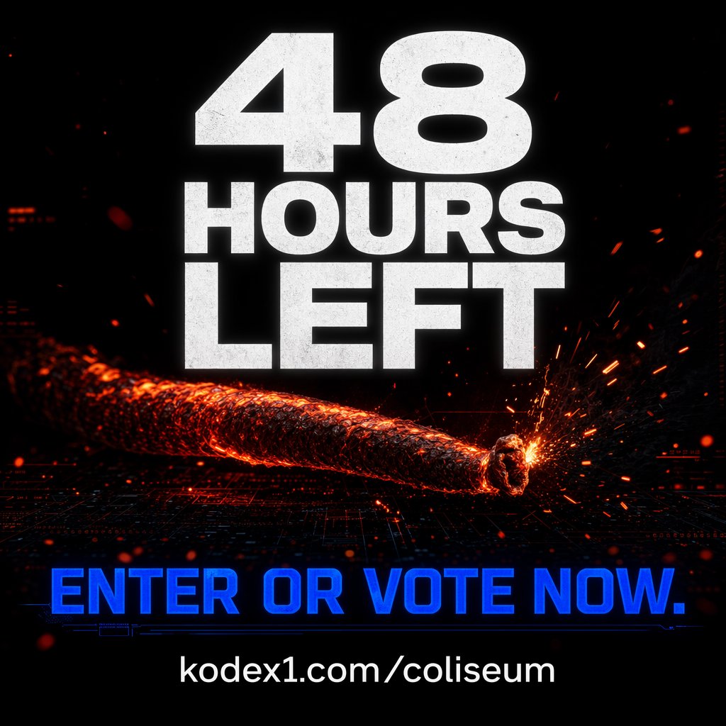 Kodex1dotcom's tweet image. 40 hours left. Final window to enter Epic Last Stand.

20+ seconds, any AI tool. $50 to the winning video.

Enter or vote: kodex1.com/coliseum #ai #aivideo #AIeverywhere