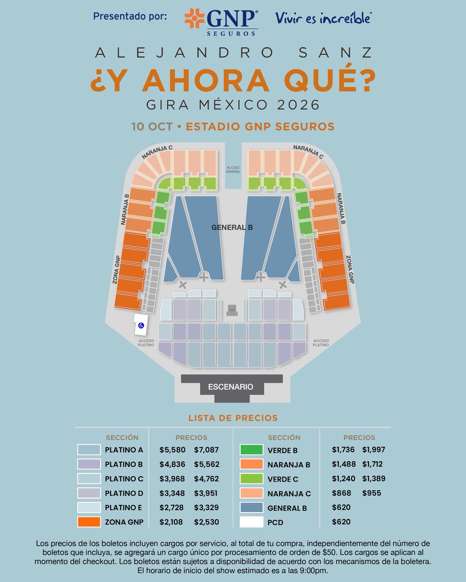 🔴 ¡Aquí tenemos el mapa de precios para ver a Alejandro Sanz con “¿Y Ahora Qué?” este 10 de octubre en el Estadio GNP Seguros!