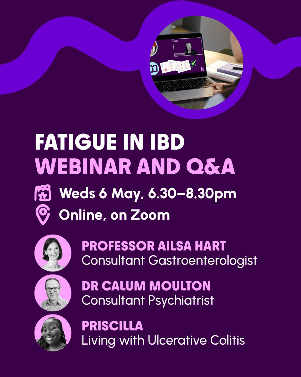 CrohnsColitisUK's tweet image. Join us online for our free webinar on fatigue in IBD. We’ll be joined by Professor Ailsa Hart, Dr Calum Moulton and Priscilla, who lives with Ulcerative Colitis. 

📅 Weds 6 May, 6.30pm - 8.30pm
📍Online on Zoom

Find out more: crohnsandcolitis.org.uk/webinars 

#Fatigue #Crohns #Colitis