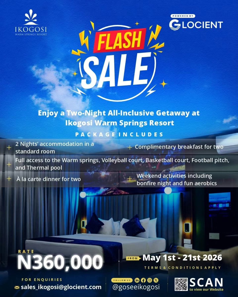 ClassifiedA3's tweet image. This incredible offer is valid from May 1st - 21st, 2026. 

Contact us via mail for more details and enquiries: sale_ikogosi@glocient.com Don't miss out! GoSeeIkogosi.

#GoSeeIkogosi #FlashSale #AllInclusive #LuxuryGetaway #IkogosiEscape"