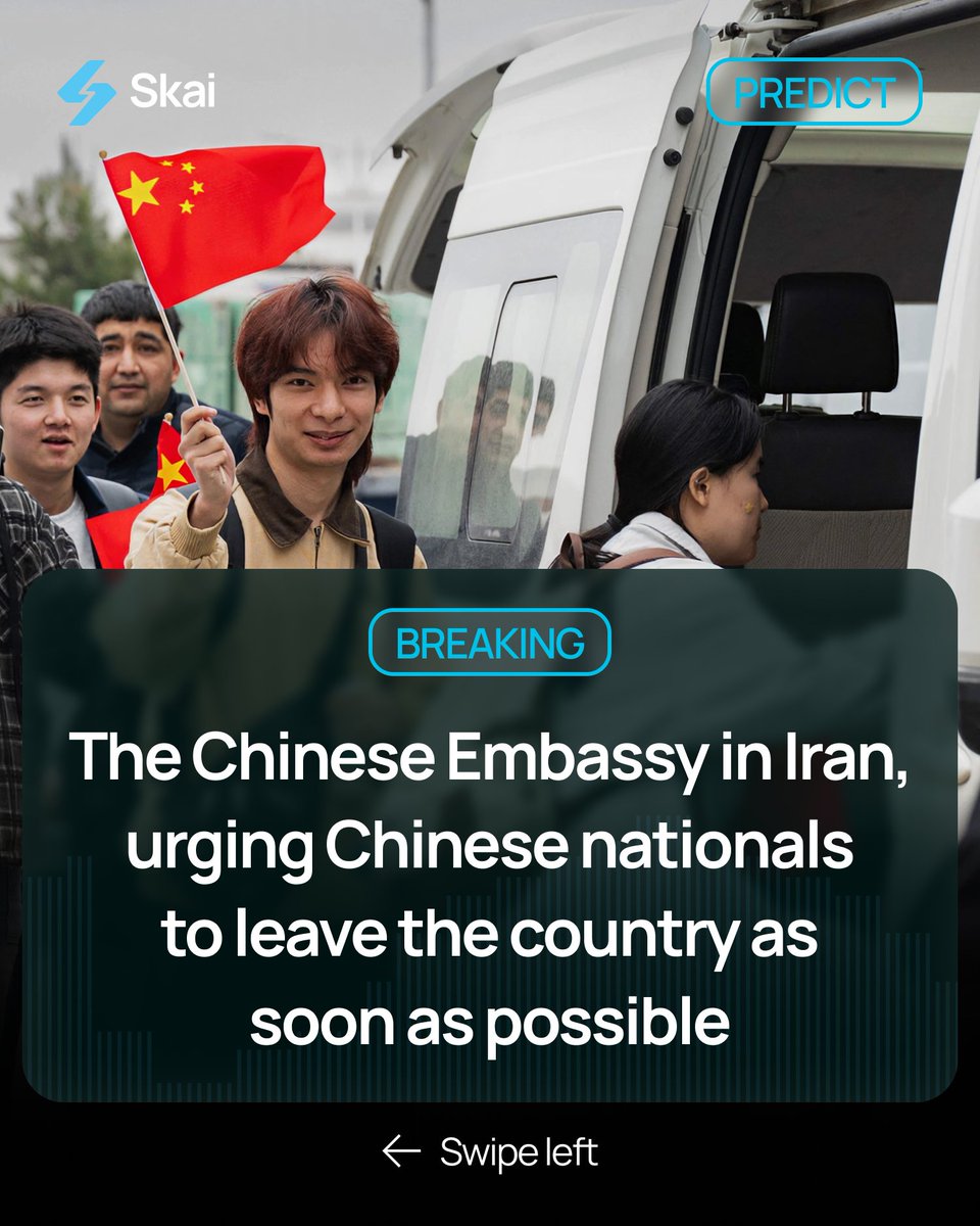 skaipredict's tweet photo. China issues immediate evacuation for all nationals in Iran. 🇮🇷🇨🇳

The Chinese Embassy in Tehran has officially upgraded its security warning, urging all Chinese citizens to LEAVE the country as soon as possible.

#Iran #China #TravelAdvisory #Tehran #GlobalPolitics #SafetyAlert https://t.co/dhatrbcP5b