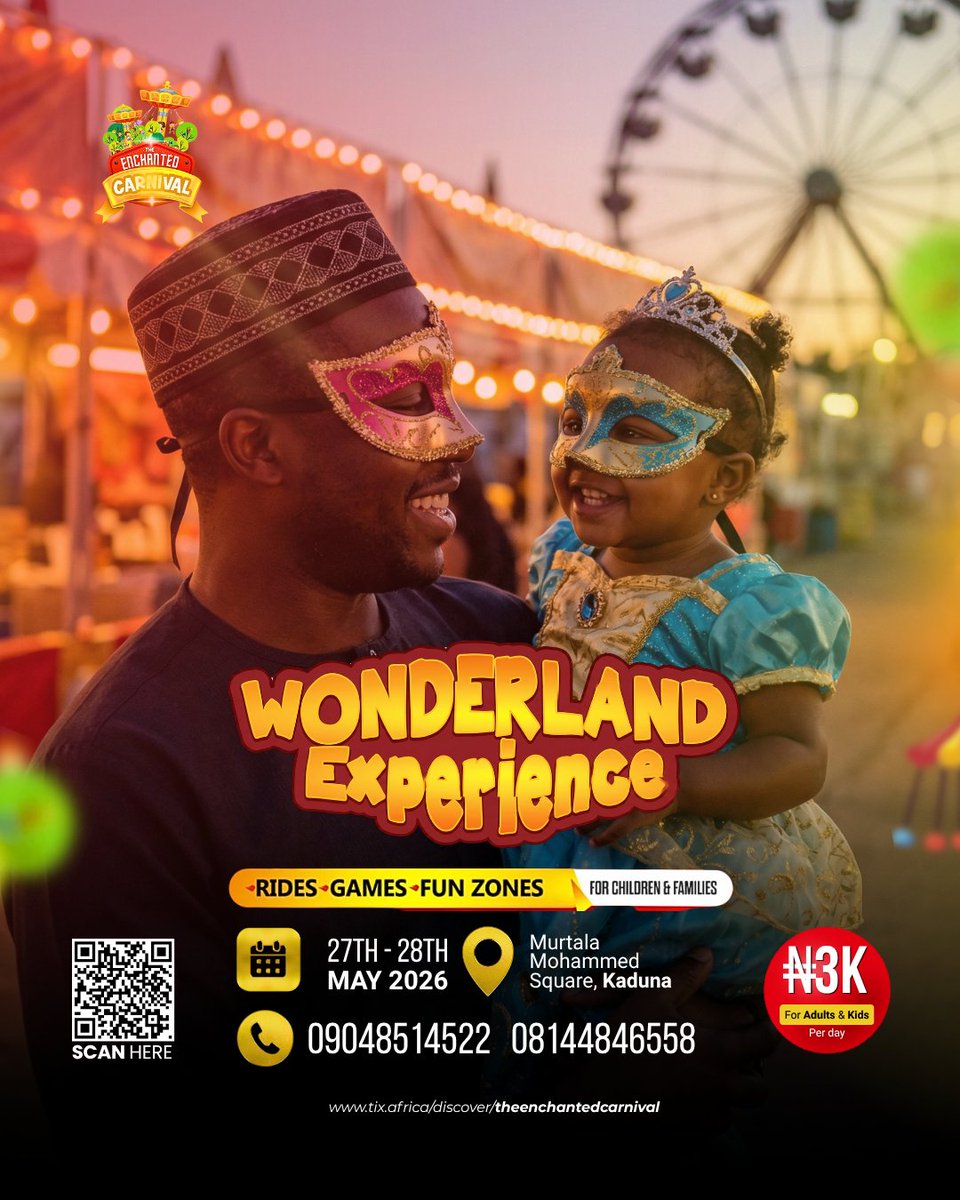 TheUjudarling's tweet photo. This is a clarion call to everyone in Kaduna. Trust me you don't want to hear about it.
It's the #EnchantedCarnival.
#TheWondalandExperience.

Date: 27th &amp; 28th may 
Ticket: 3000
Venue: Murtata Muhammad Square 
#TheEnchantedcarnival
#Awonderlandexperience.
Come one, come all. https://t.co/9aarqbAFNx