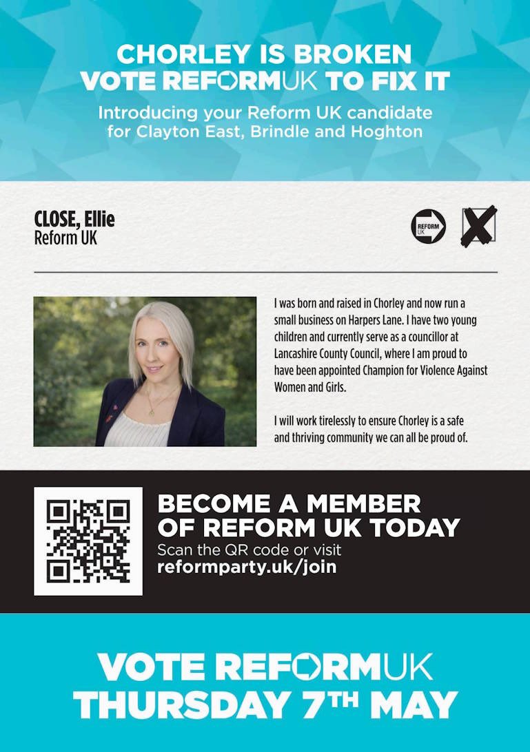 ChorleyReformUK's tweet photo. Vote for these awesome candidates to make a difference in Chorley https://t.co/KW3AF5v1Y5