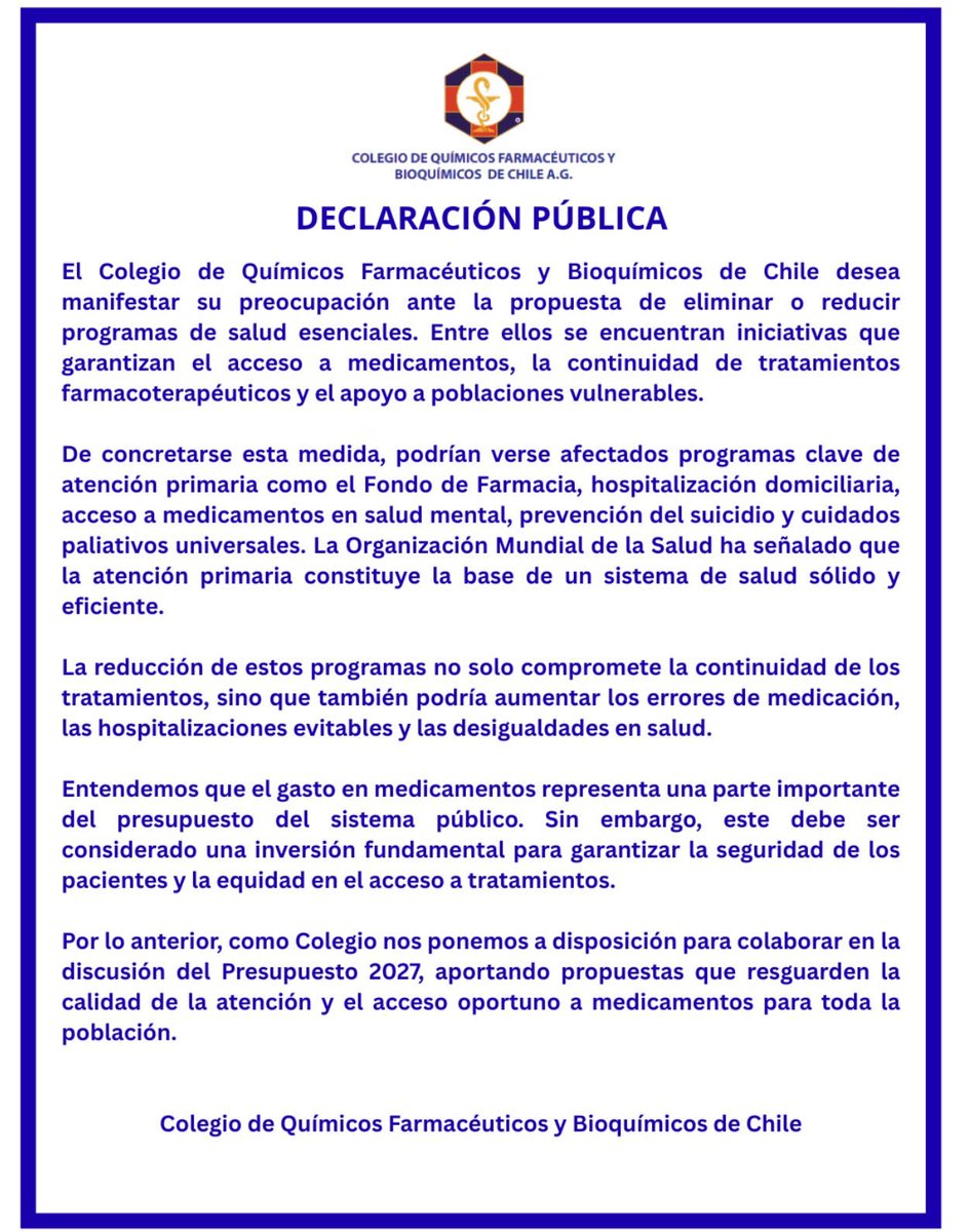 El Colegio desea manifestar su preocupación ante la propuesta de eliminar o reducir programas de salud esenciales. Entre ellos se encuentran iniciativas que garantizan acceso a medicamentos, la continuidad de tratamientos farmacoterapéuticos y el apoyo a poblaciones vulnerables