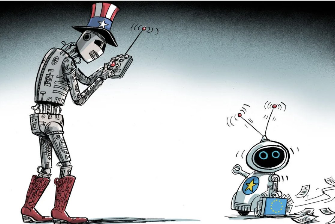 Europe’s economy runs on American infrastructure.

iPhones powered by Apple and Google, cloud from Amazon and Microsoft, payments via Visa and Mastercard, LNG from the US replacing Russian gas — core systems are controlled by US firms, The Economist. 1/