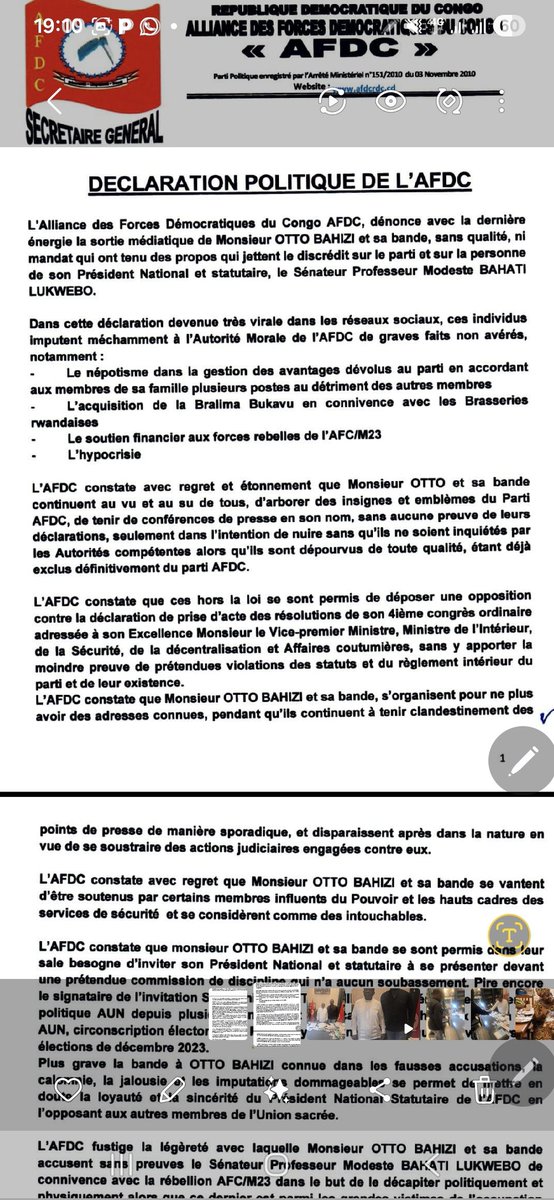 L’Afdc riposte contre ses exclus dont OTTO BAHIZIRIRE et sa bande.
