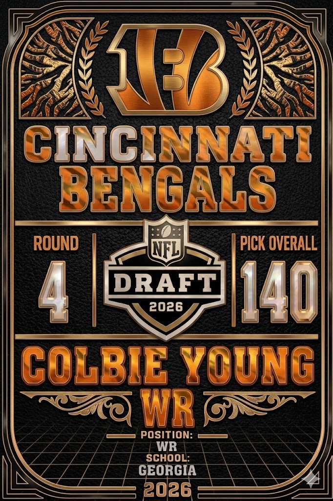 Green19Football's tweet image. With the #140 overall pick (Round 4) in the 2026 NFL Draft, the Cincinnati Bengals select Colbie Young, WR, Georgia

Explosive deep threat with elite speed and playmaking juice.

#Bengals #ColbieYoung #UGA #NFLDraft #WhoDey #Georgia