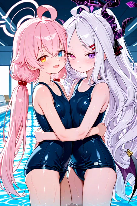ホシノ先輩とヒナ委員長は仲良しなのです SFW No nudity, no suggestive intent. Healthy sporting swimwear style illustration. #ブルアカ #BlueArchive